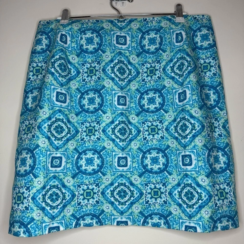 TALBOTS Beachy Blue Floral Canvas Cotton Resort Golf Country Club A-line Skirt